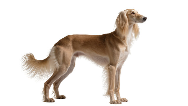 Elegant Saluki dog standing profile view