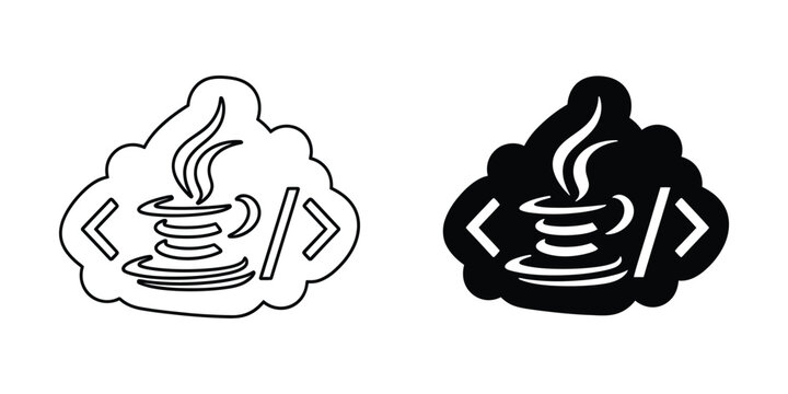 Java programming language logo with hot steaming coffee cup in cloud shape with code brackets