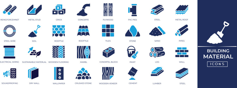 Building materials solid icon set for construction, residential, roofing, beam, panel, drywall symbols for architecture and engineering projects.