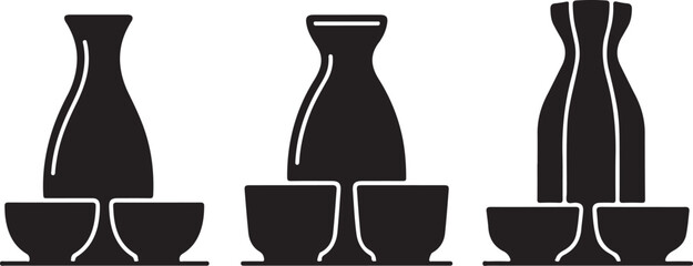 Fototapeta premium Japanese Sake Set Icons. Traditional Tokkuri Bottle and Ochoko Cup Silhouettes. Vector Rice Wine Ceramic Vessels Collection. Minimalist Black Drinkware Graphic Elements. Oriental Alcohol Beverage 