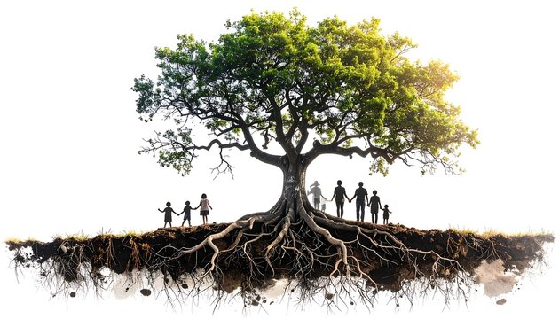 A vibrant image of a large tree with exposed roots and several silhouettes of people, illustrating growth and connection
