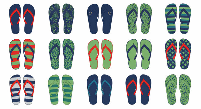 Vibrant Collection of Illustrated Summer Flip-Flops in Diverse Colors and Patterns, Perfect for Beach and Poolside Fashion