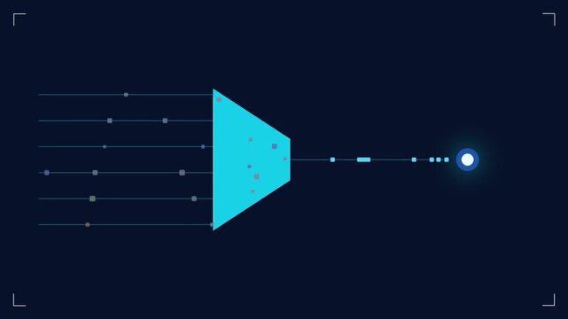 Animated data governance concept with messy data flowing through a funnel into a clean stream feeding an AI core background loop