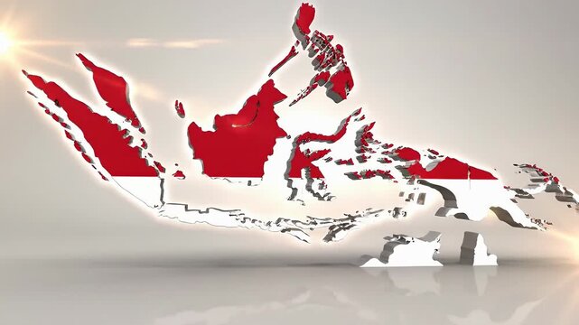 Indonesia map filled with red and white national flag appearing with warm light flare