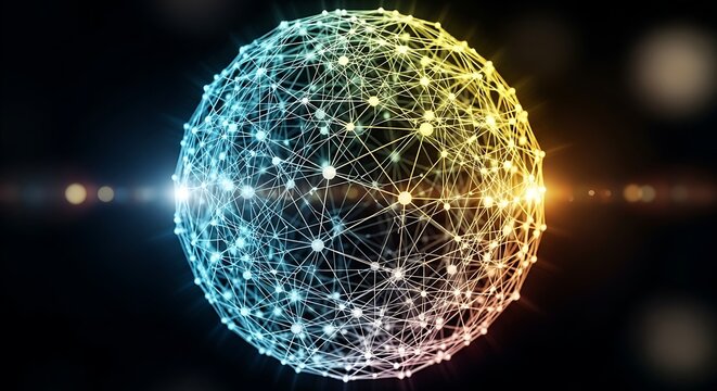 Futuristic Network Sphere with Connected Dots in Blue and Gold