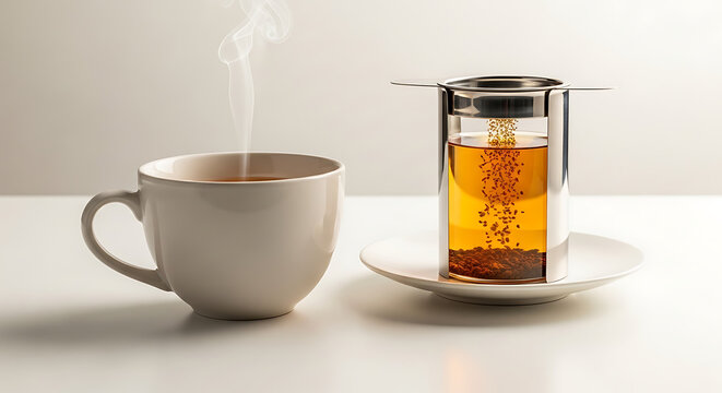 Steaming white cup beside glass tea infuser with brewing loose leaf tea on white background