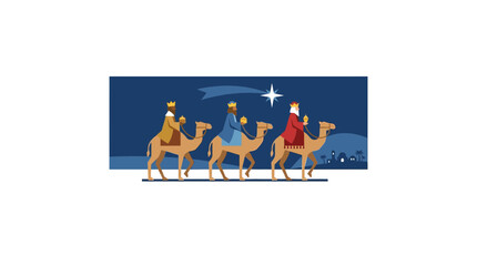 Fototapeta premium Three Wise Men on Camels Following Star, Nativity Scene Illustration