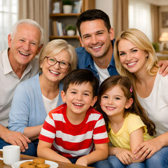 Obraz premium Happy multi-generational family smiling and posing together at home