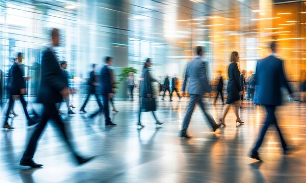 Blurred image of business professionals walking quickly through a modern office building lobby