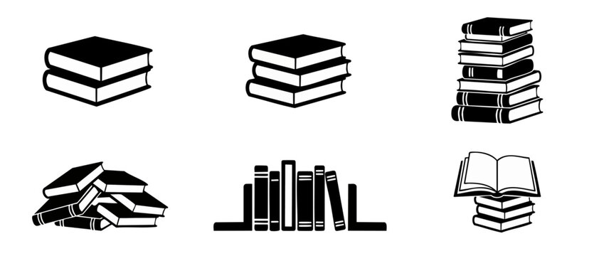 Book icon set stack of books library vector graphics for school education and web design elements. Minimalist black and white literature symbols isolated on a clean white background study collections.