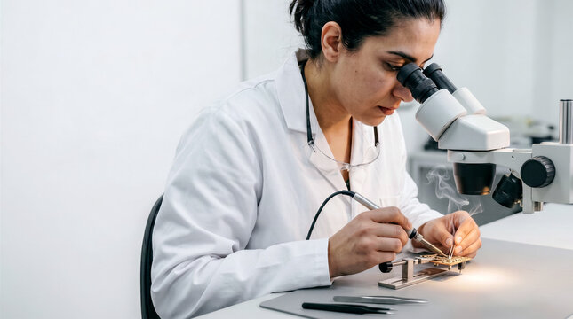 research lab employee checks and repairs a microprocessor chip, copy space for text about the concept of spy cameras and covert surveillance
