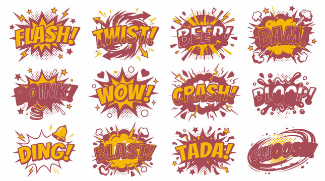 Red and orange comic book sound effects speech bubbles.