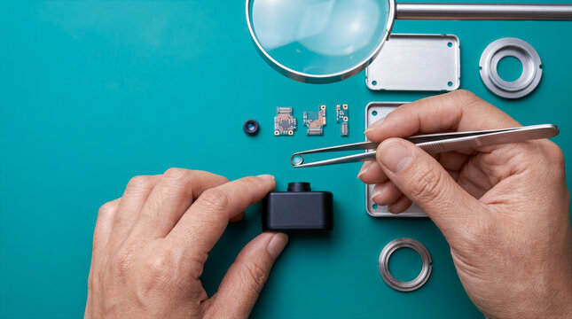 Surveillance and covert surveillance cameras, a flat layout of a technician assembling and repairing a video camera, a concept with copy space about spy cameras and employee monitoring