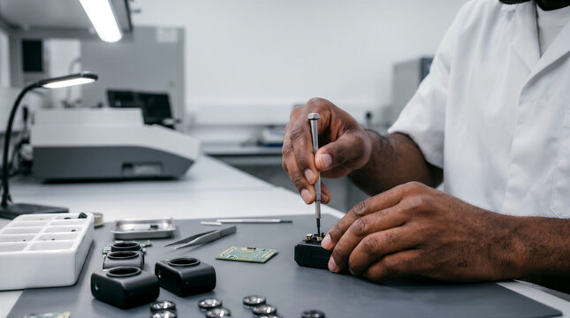 Repair and setup of miniature video cameras for covert surveillance, the hands of a master repairing spy cameras, copy space for text on security and control
