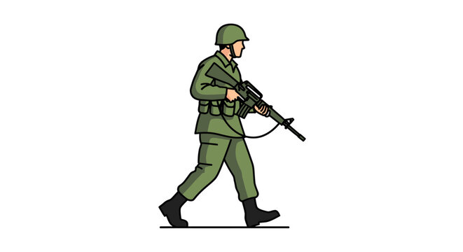 Cartoon illustration of a soldier in green uniform carrying a rifle and walking