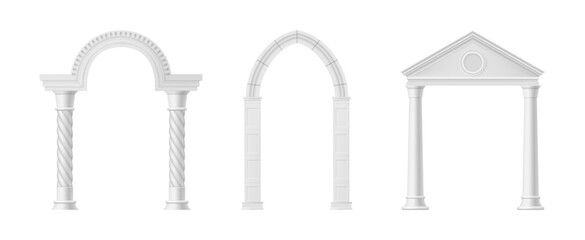 Fototapeta premium Medieval marble arches set. Vector realistic ancient antique columns and stone entrance gates of castles and palaces. Greek and Roman architecture. Aesthetic boho doorways or gateways interior element