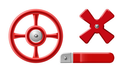 Valve control set with cross handle, round wheel and straight lever form. Vector realistic mechanical controllers with different control type for pipe system. Engineering and plumbing system © Sensvector