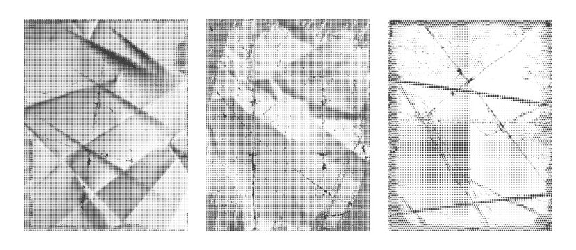 Distressed monochrome paper with halftone print and expressive crease pattern. Vector set of folded sheets with textured surface. Urban poster or zine layout, album cover or graphic design background