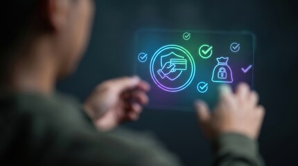 Fototapeta premium Digital Payment Security and Fraud Insurance Concept: Floating Holographic Protection Circle, Hand holding Credit Card Icon, and Secure Bag Emblem