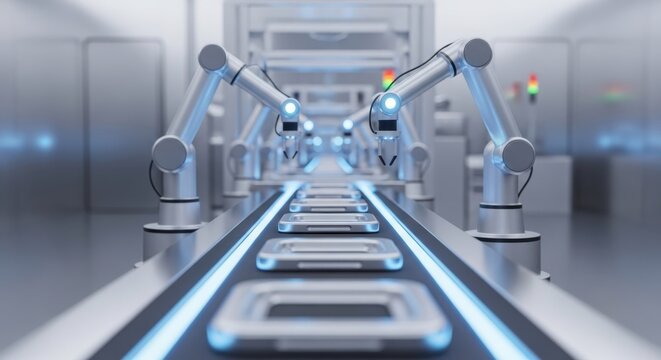 A futuristic train station with robotic arms assisting passengers at the platform