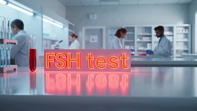 A sign with the text FSH test on a table in a laboratory