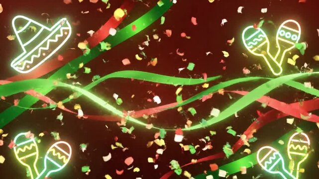Cinco de Mayo Celebration Neon Background &ndash; Sombrero Maracas Confetti Animation