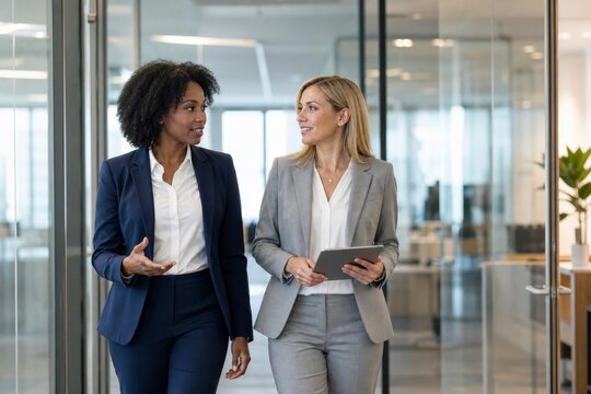 Two businesswomen walking and talking in a modern office building with glass walls