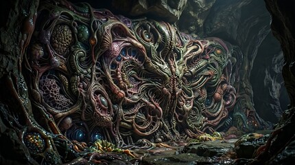 Obraz premium Vibrant tentacles emerge from a dark mysterious cave filled with swirling colorful organic shapes and structures.
