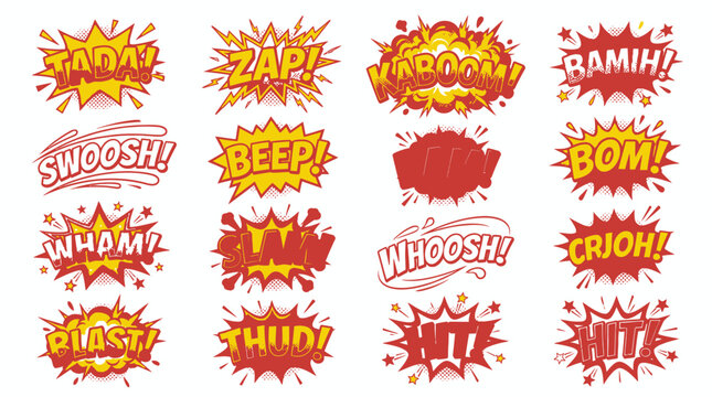 Red and yellow comic book action sound effects set.