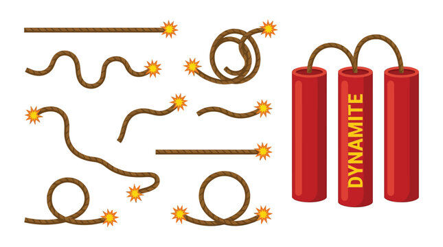 Red dynamite sticks and various burning fuses isolated in a professional flat vector graphic illustration style