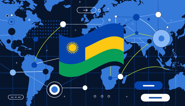 Rwanda flag, world map, global connections, blue, yellow, green