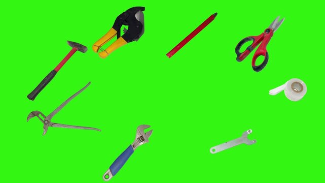 Various plumber tools and supplies falling against a bright green background