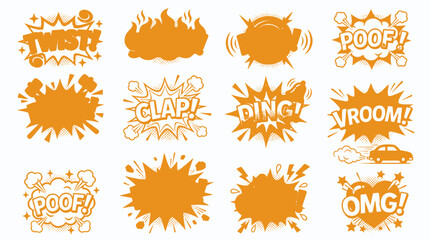 Fototapeta premium Orange themed comic sound effects and explosion bubbles set.