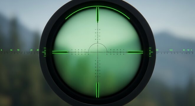 View through rifle scope targeting a distant, blurred green landscape