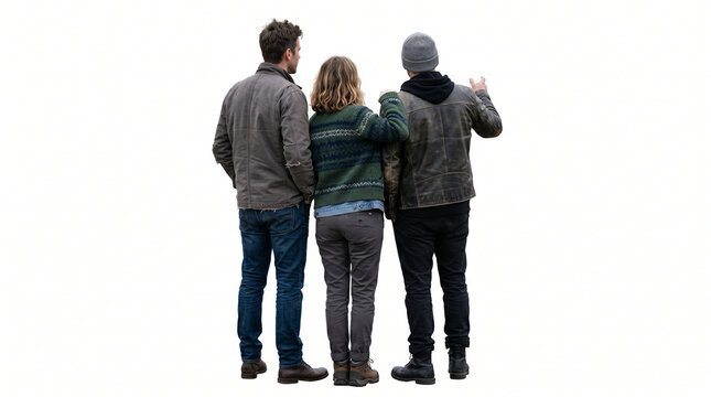 Three friends standing together looking out at something in the distance