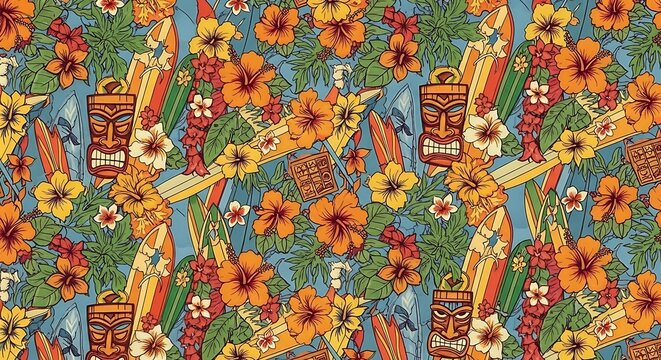 Vibrant tropical pattern with tiki masks, surfboards, and hibiscus flowers