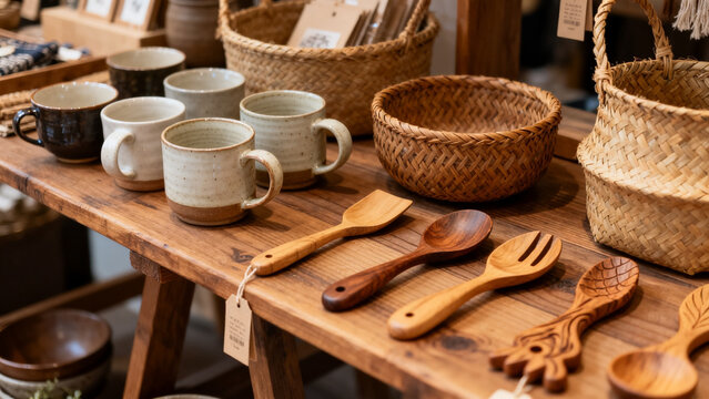 Independent retail display with ceramic pieces natural wood shelf local ret