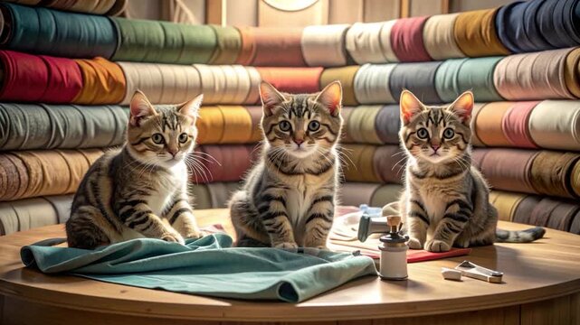 Three kittens sit on a table, fabric and sewing supplies around them