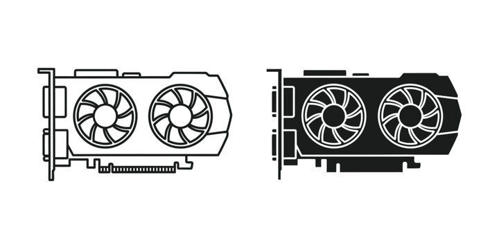 Computer graphics card outline and filled icon on white background for technology concepts