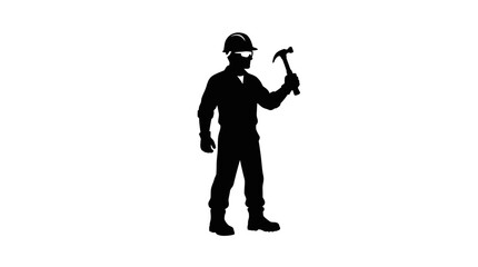 Construction worker stands in a black silhouette while holding a hammer during a professional industrial site task. © ocil