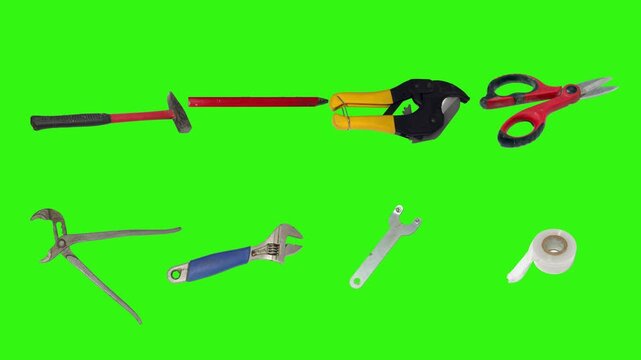 Various plumber tools and supplies falling against a bright green background