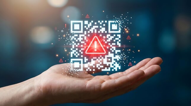 Glowing Digital QR Code with Red Warning Exclamation Sign Hovering Over Human Hand