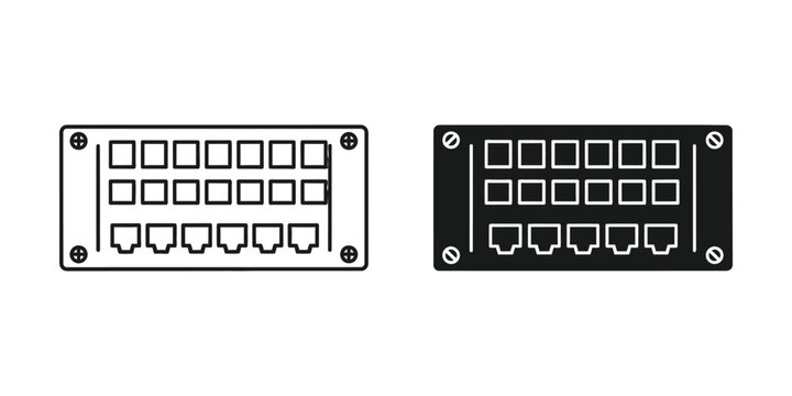 Network patch panel with RJ45 ports in outline and solid style on white background for connectivity