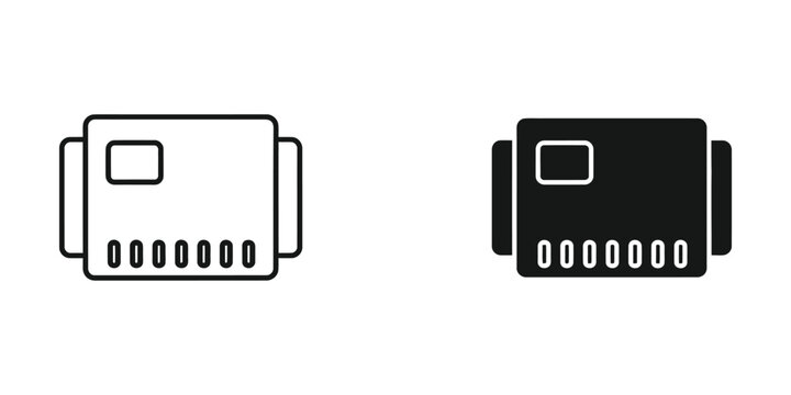 Two simplified icons of a credit card in black and white outline showing details on a clean background