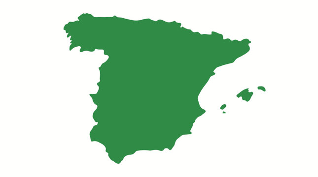 Spain map outline showcases the distinct geographic perimeter of the European country in a flat green color format.