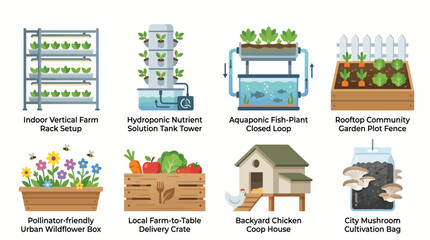 Urban farming systems demonstrate modern agricultural techniques through vertical racks, hydroponic setups, and community garden plots for sustainable food production. © ocil