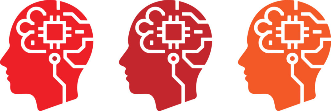 Side view of human head silhouettes with circuit board brains in red and orange hues