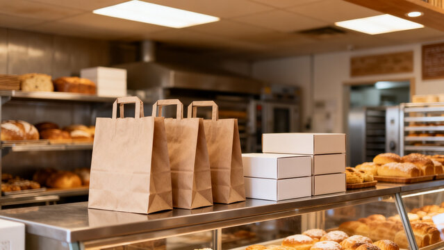 Local small business scene featuring paper bags unbranded boxes bakery inde