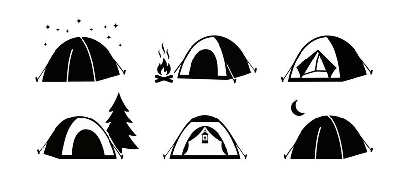 Camping tent icon vector set featuring campfire, pine tree, and stars in minimalist black silhouette style for outdoor adventure, recreation, nature tourism, scouting design graphics, and camp logos.