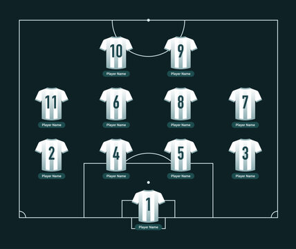 Soccer Team Starting Lineup Template. Soccer or Football Starting XI Formation Layout with Soccer Jersey Icons on Football Pitch.
